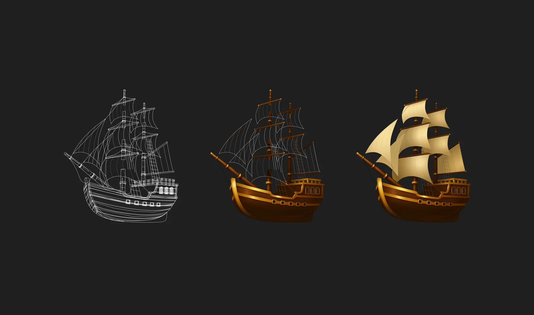 Pirate ship, wireframe through to final vector
