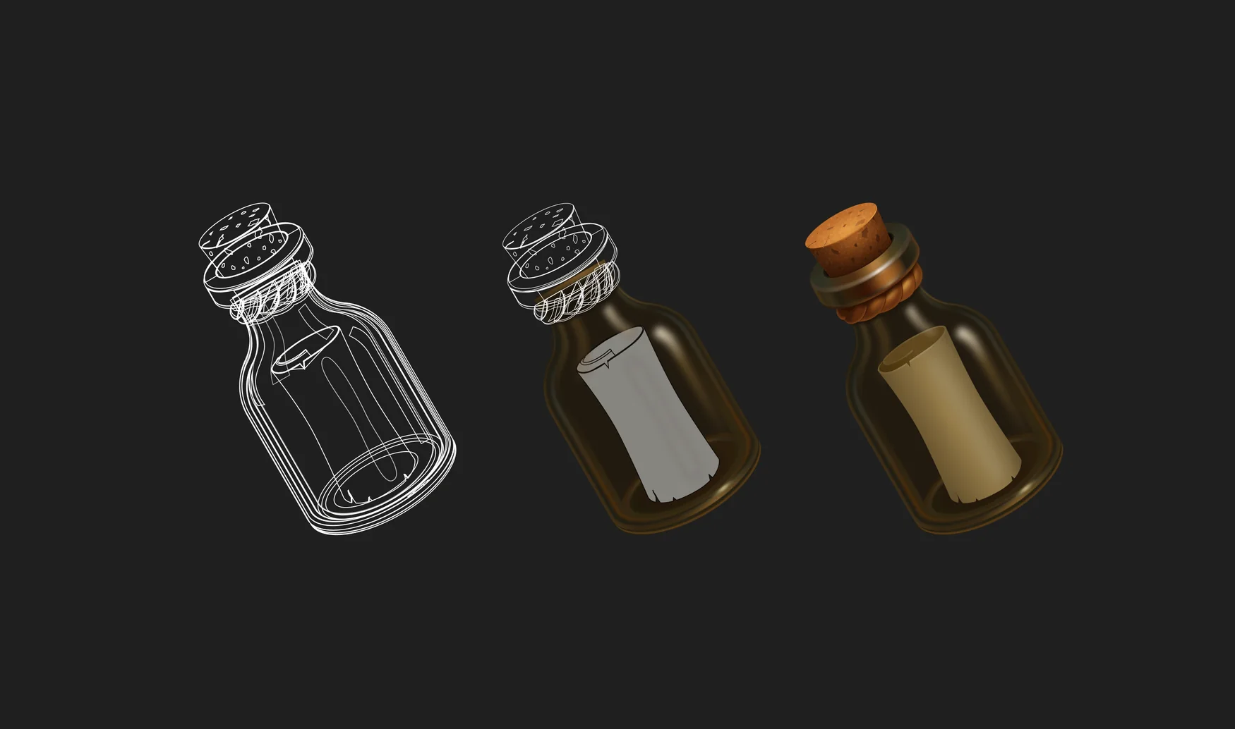 Bottle, wireframe through to final vector