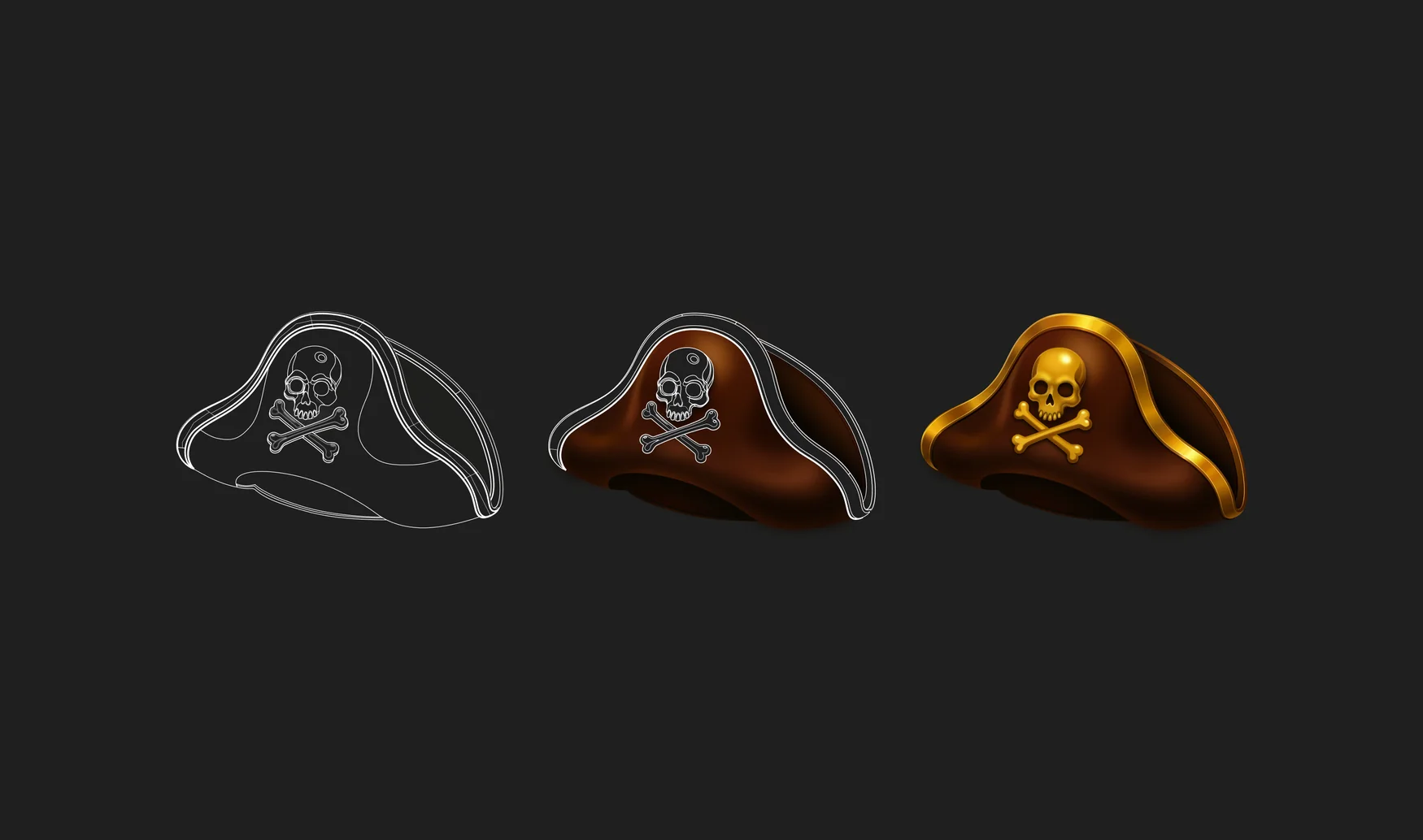Pirate hat, wireframe through to final vector