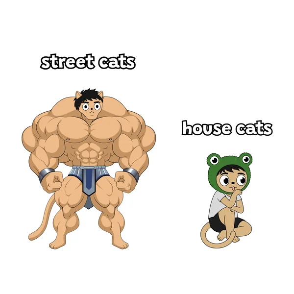 Street cats drawn as a bodybuilder beside house cats drawn as a kitten in a frog hat