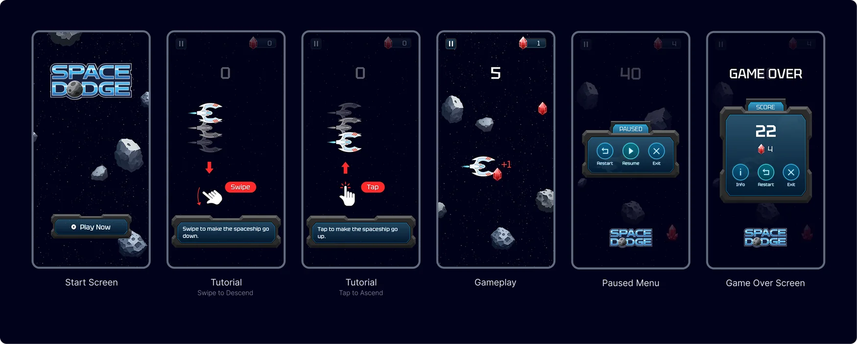 Start screen, tutorial and gameplay screens